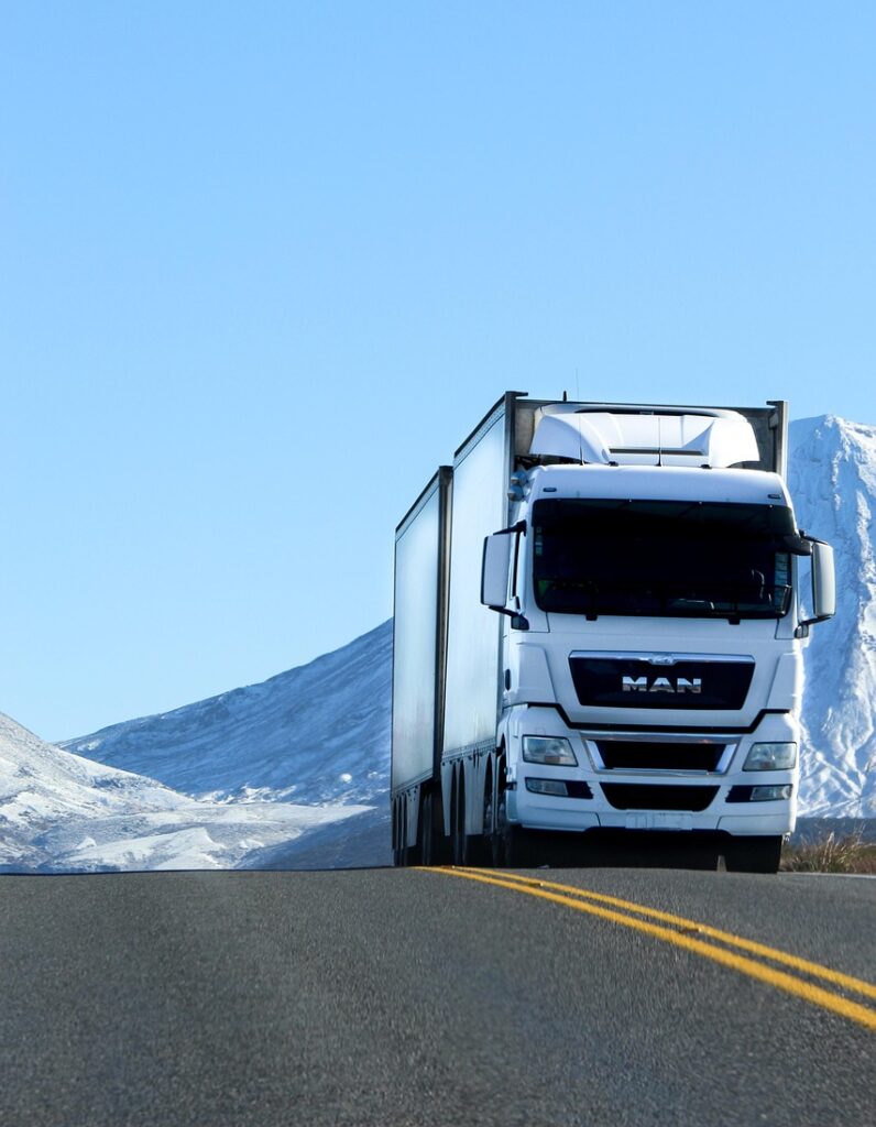 truck, road, vehicle, snow, white, blue, lorry, nature, transport, blue road, blue truck, blue snow